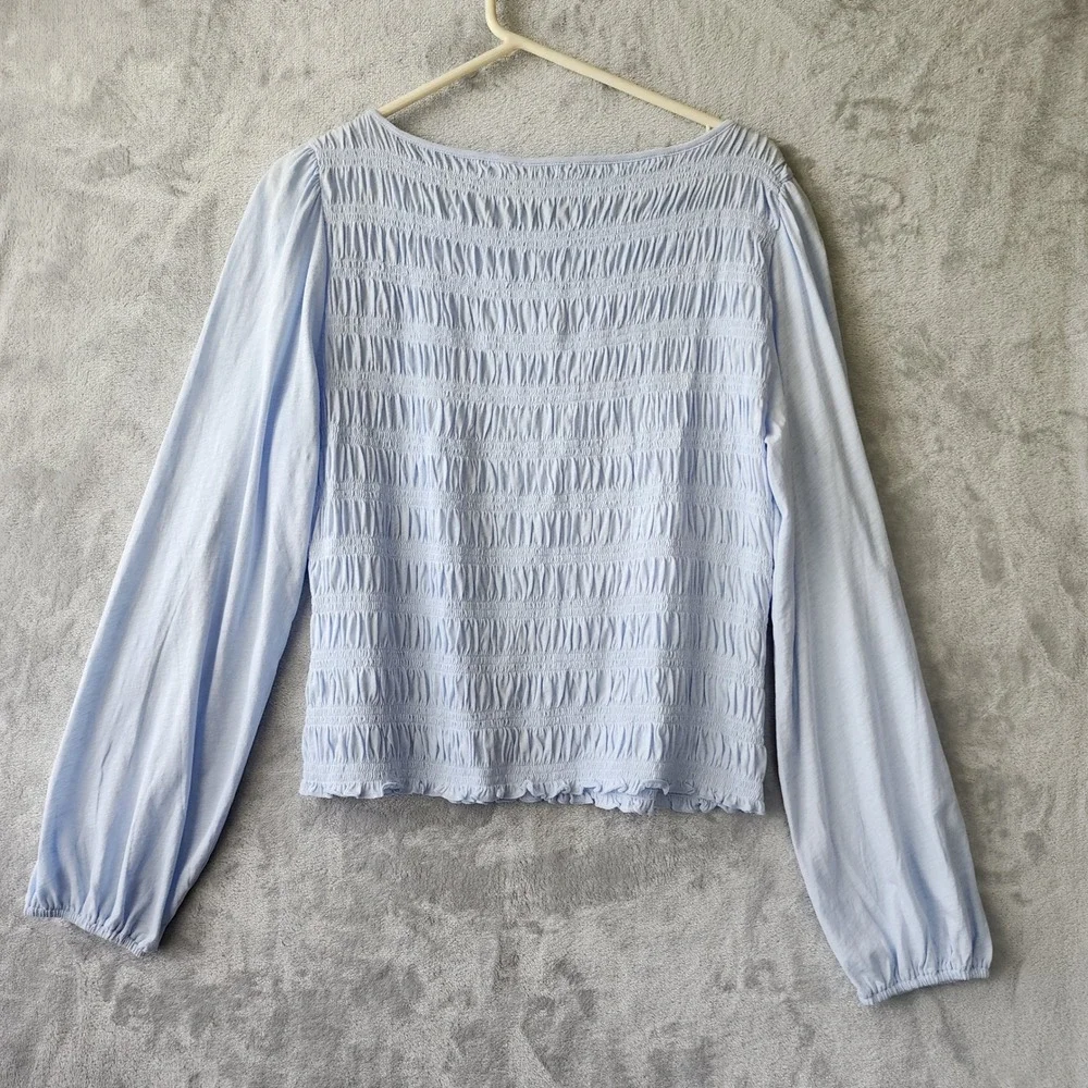 Madewell Top Womens Size XL Smocked Sky Blue Cotton Puff Sleeve Blouse Boatneck